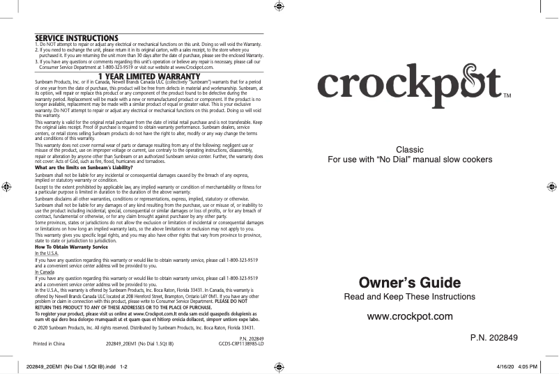 Page 1 de la notice Manuel utilisateur Crock-Pot Classic SCR151-BP-BR