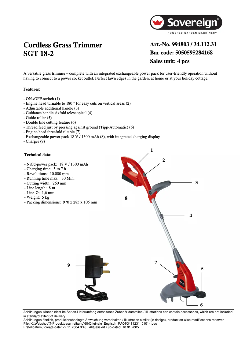 Page 1 de la notice Fiche technique Sovereign SGT 18-2