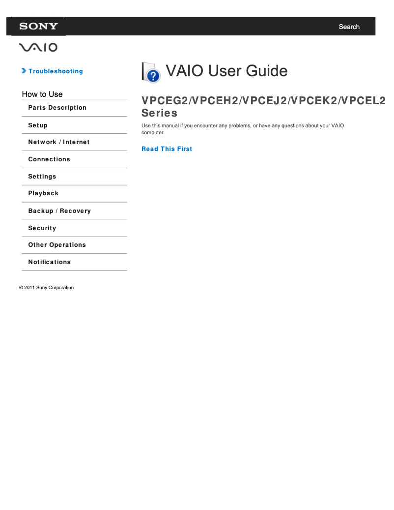 Image de la première page du manuel de l'appareil Vaio VPCEH2JFX