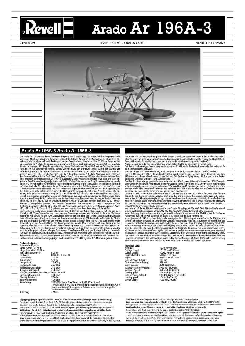 Page n°1 - Manuel utilisateur Revell Arado Ar196 A-3