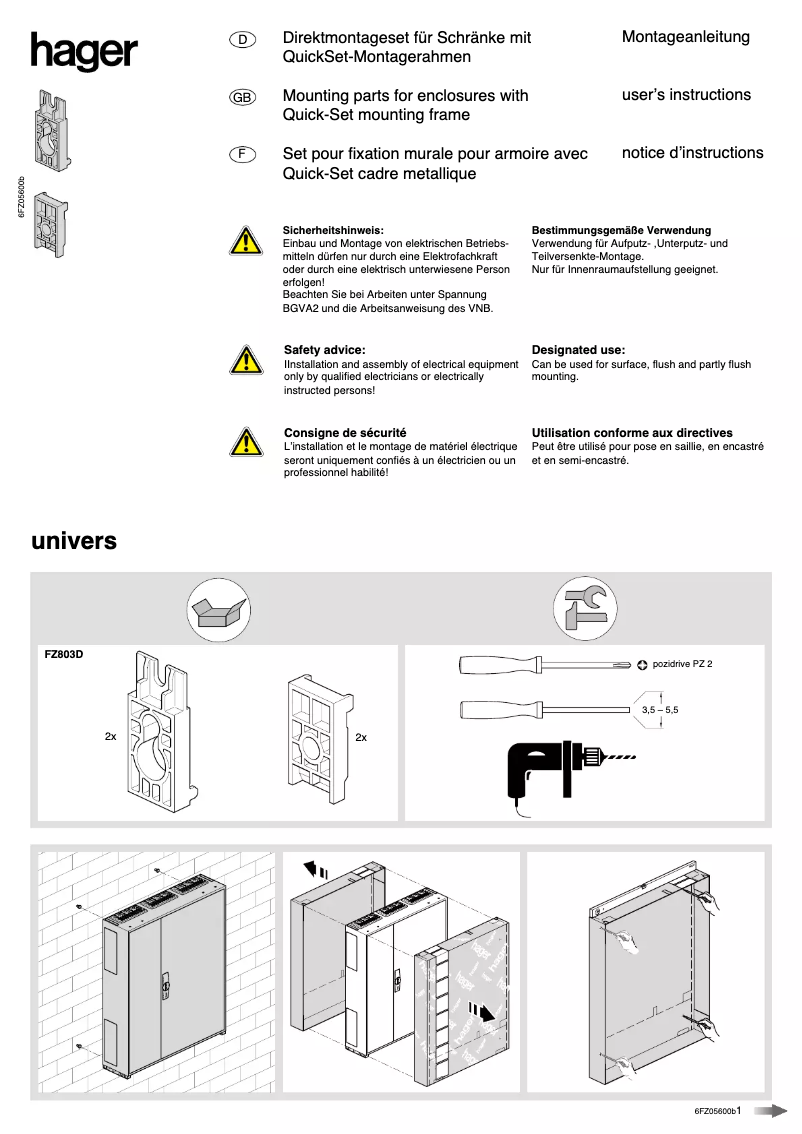 Page 1 de la notice Manuel utilisateur Hager FZ803D