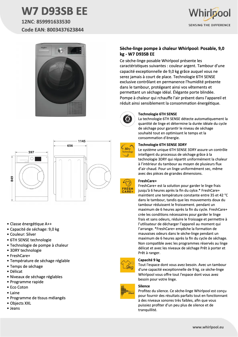 Page n°1 - Fiche technique Whirlpool W7 D93SB EE