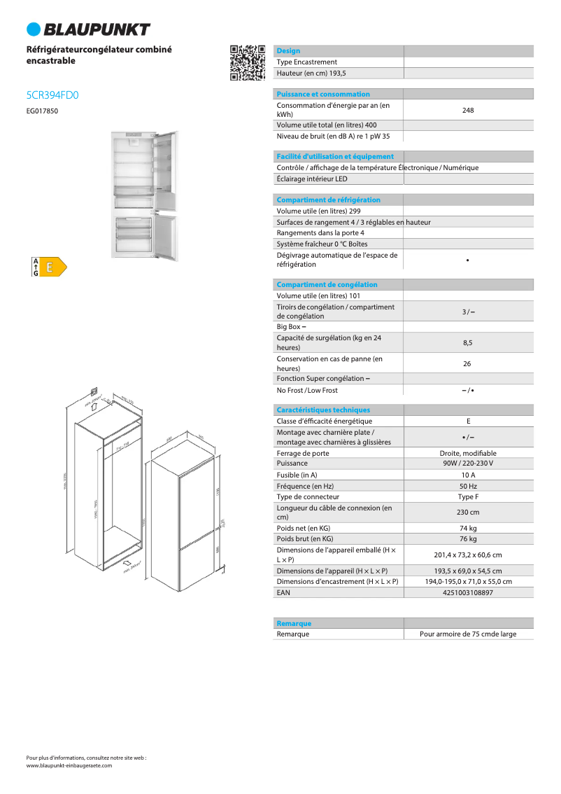 Page 1 de la notice Fiche technique Blaupunkt 5CR394FD0