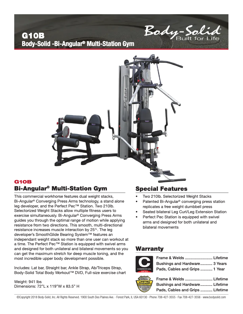 Page 1 de la notice Fiche technique Body-Solid G10B