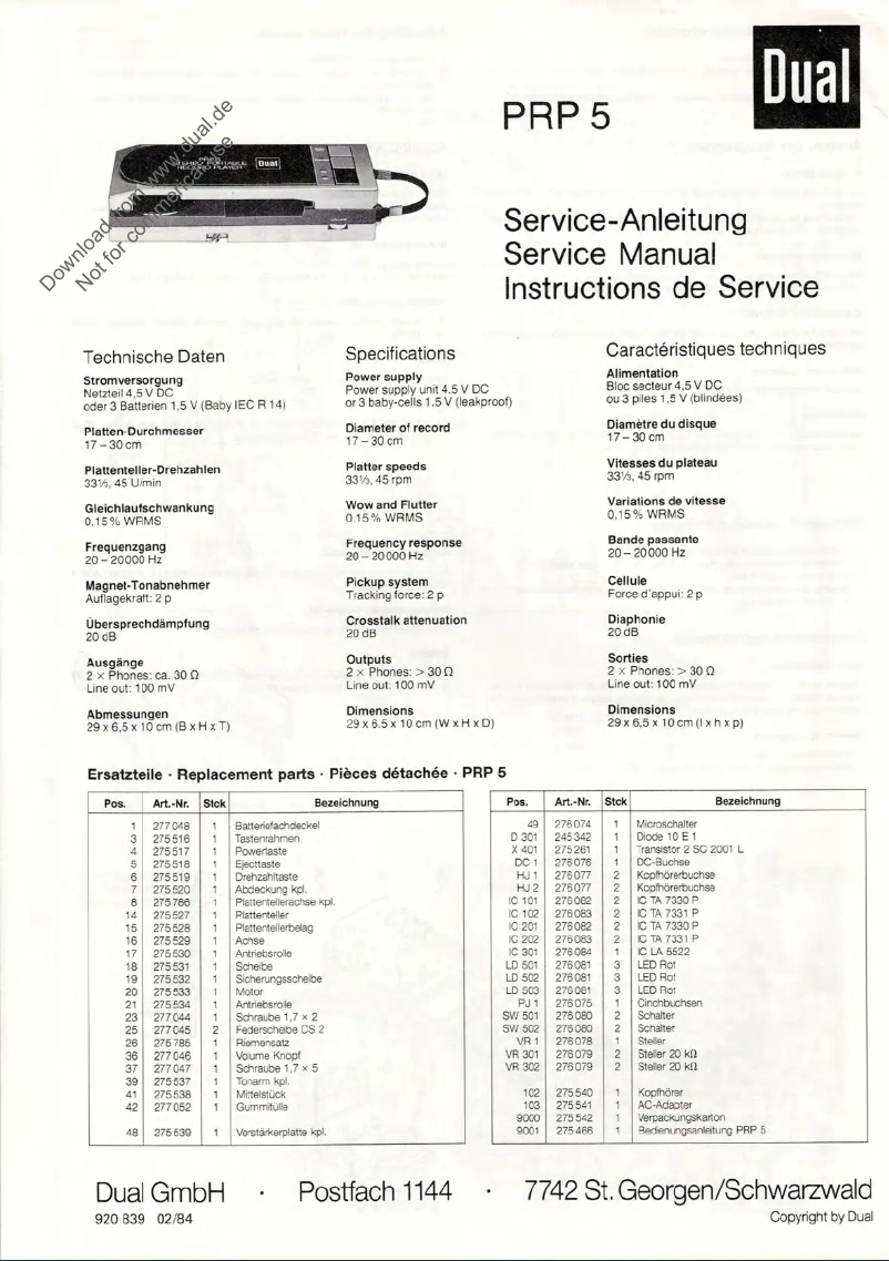 Page 1 de la notice Manuel utilisateur Dual PRP 5