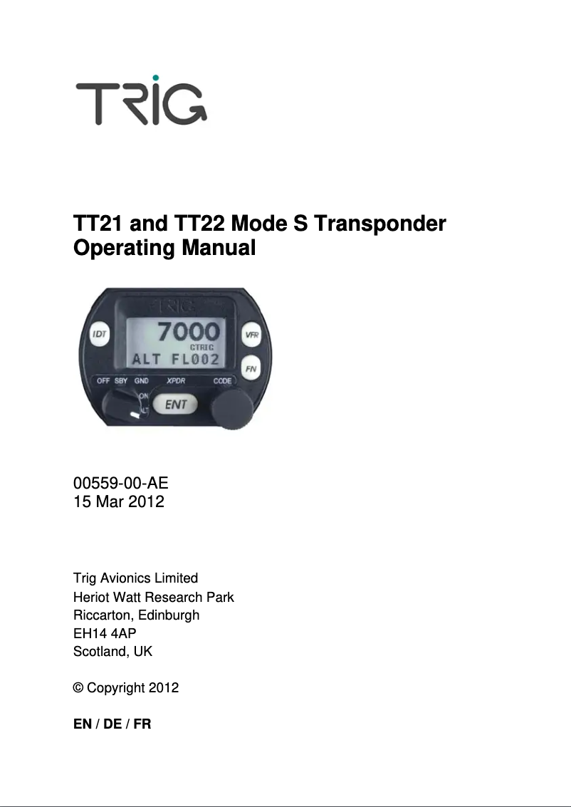 Page n°1 - Manuel utilisateur Trig Avionics TT21 Mode S Transponder
