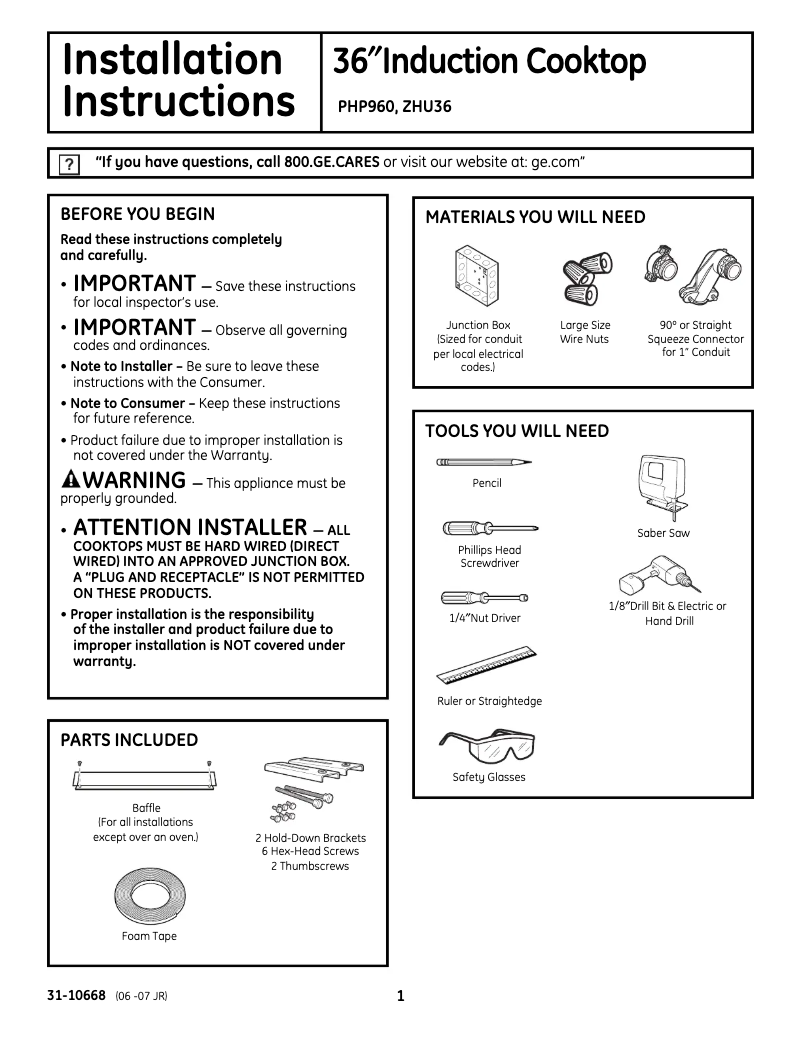 Page n°1 - Guide d'installation GE ZHU36RSMSS