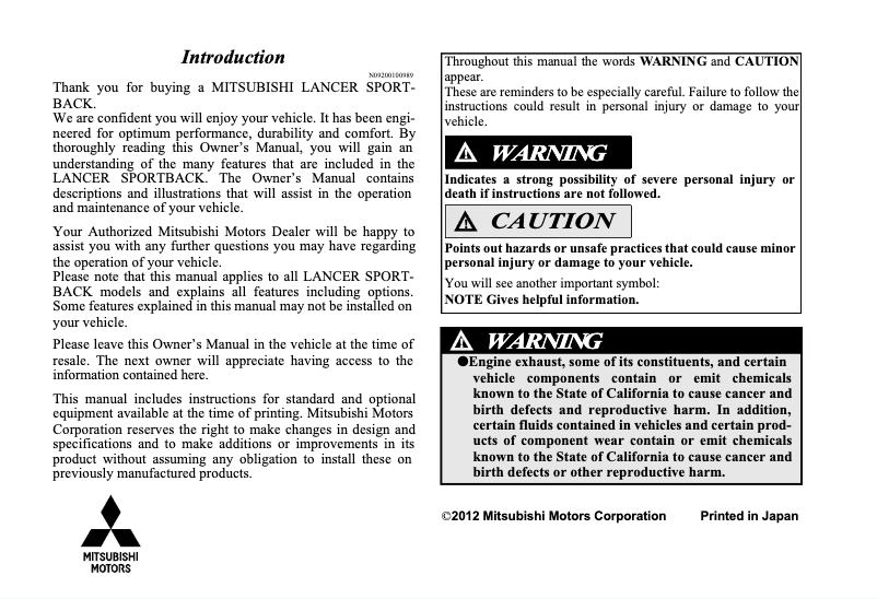 Page 1 de la notice Manuel utilisateur Mitsubishi Lancer Sportback (2013)