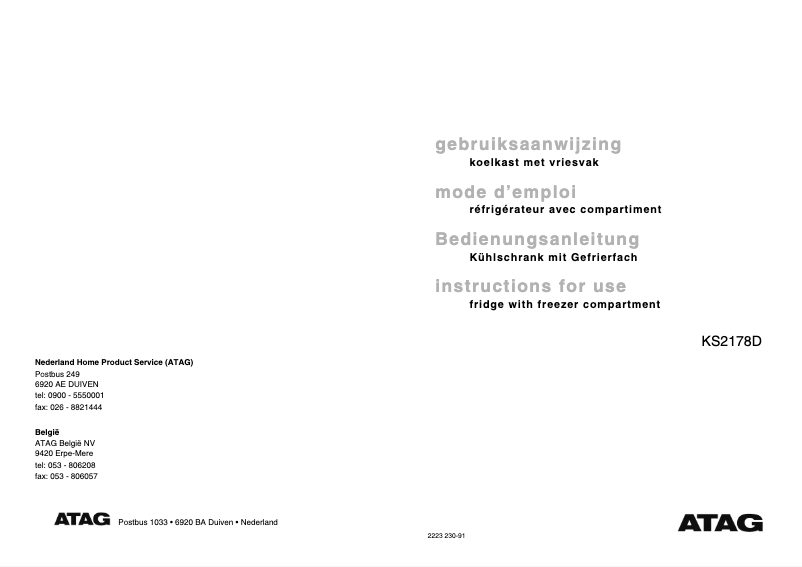 Page n°1 - Manuel utilisateur Atag KS2178DUU-A01