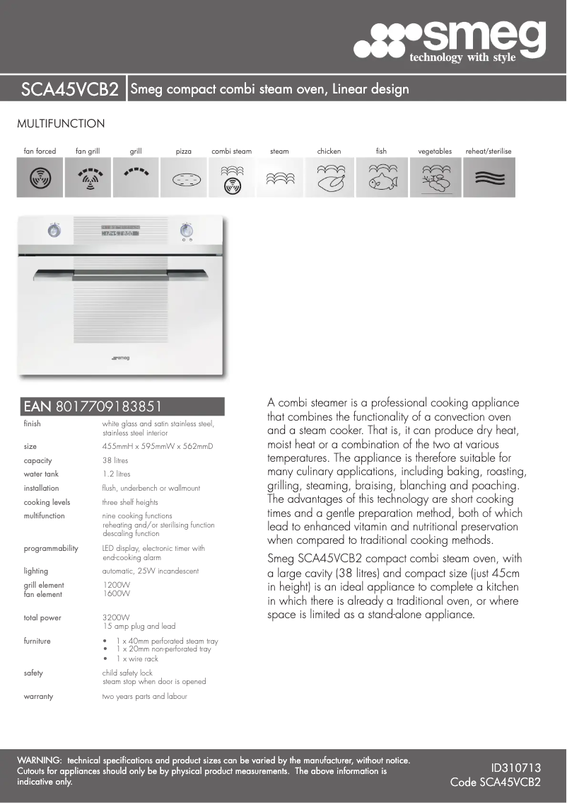 Page n°1 - Fiche technique Smeg SCA45VCB2