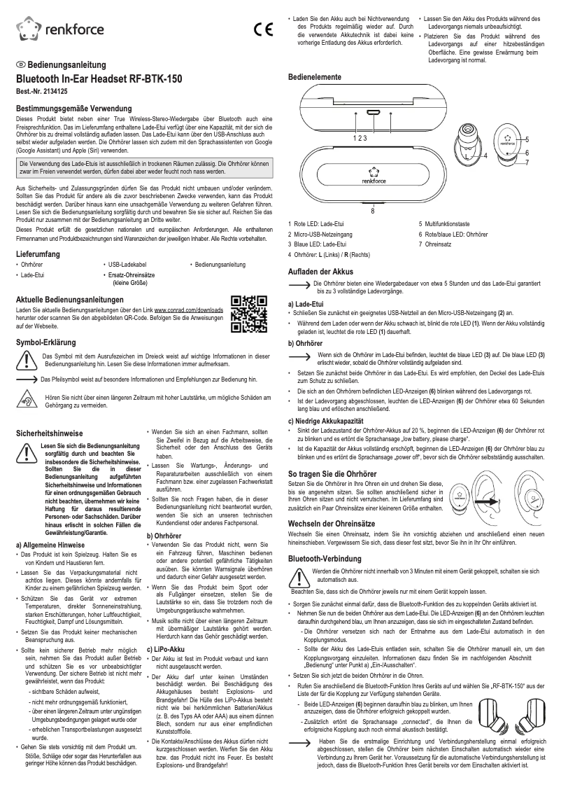 Página 1 del manual Manual de usuario Renkforce RF-BTK-150