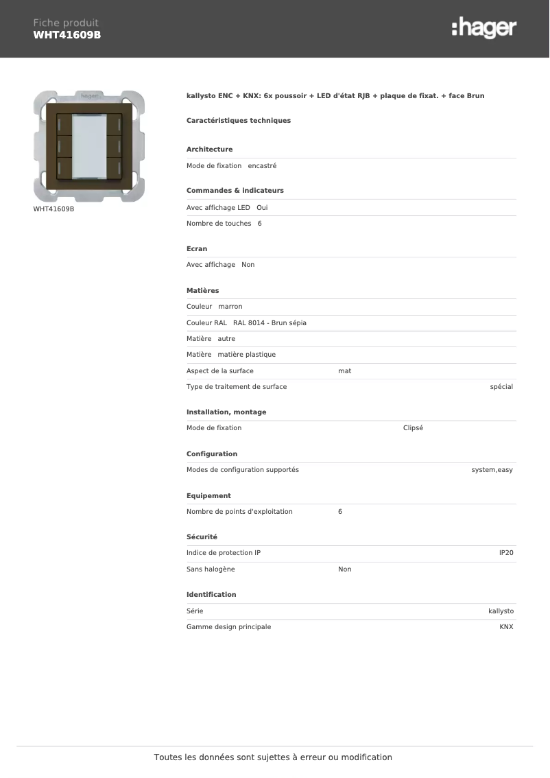 Página 1 del manual Ficha técnica Hager WHT41609B