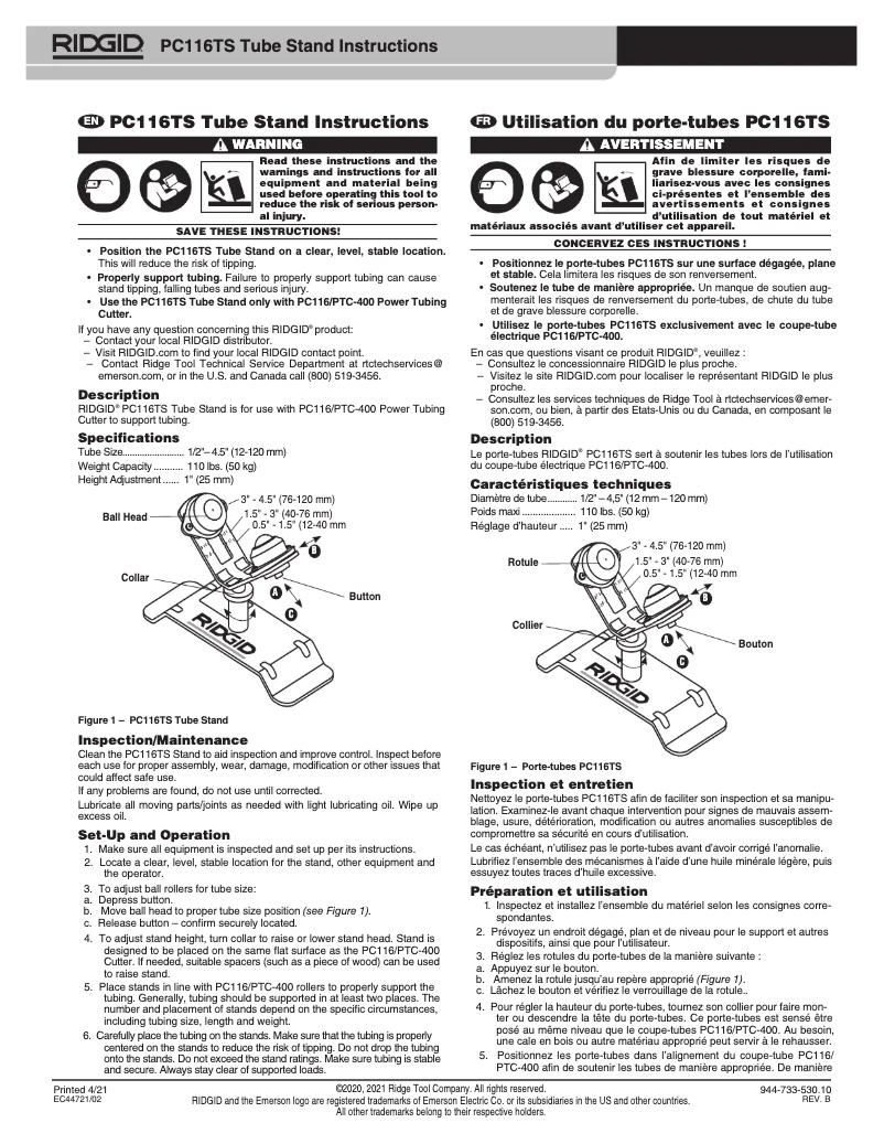 Page 1 de la notice Instructions / montage Ridgid PTC-400