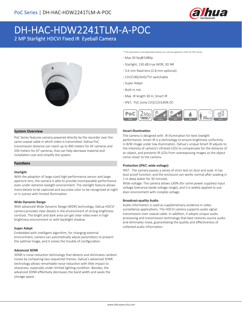 Page 1 de la notice Fiche technique Dahua Technology HAC-HDW2241TLM-A-POC