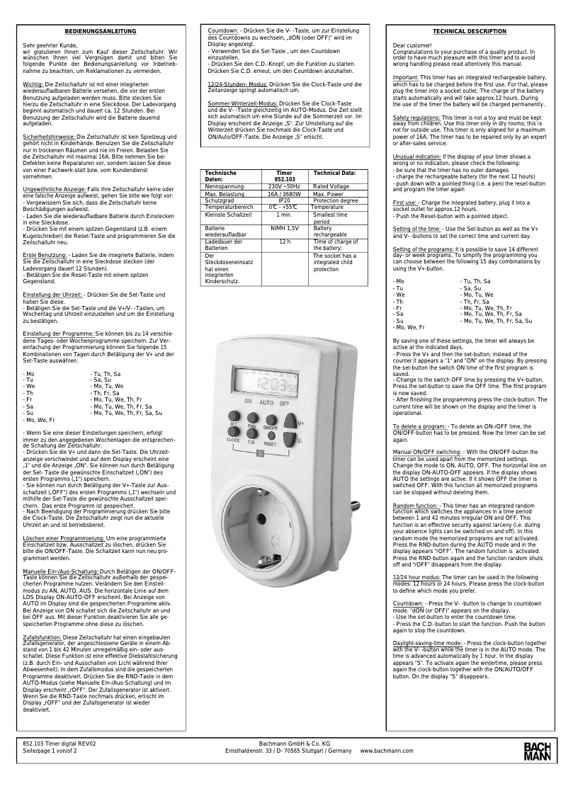 Page n°1 - Manuel utilisateur Bachmann 852.103