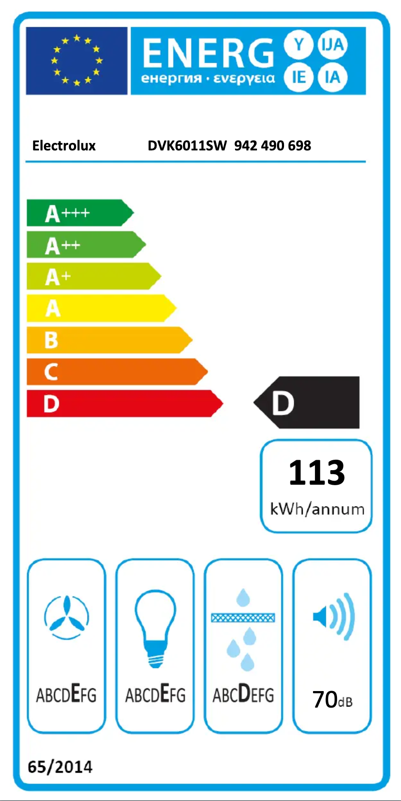 Page 1 de la notice Label énergétique Electrolux DVK6011SW