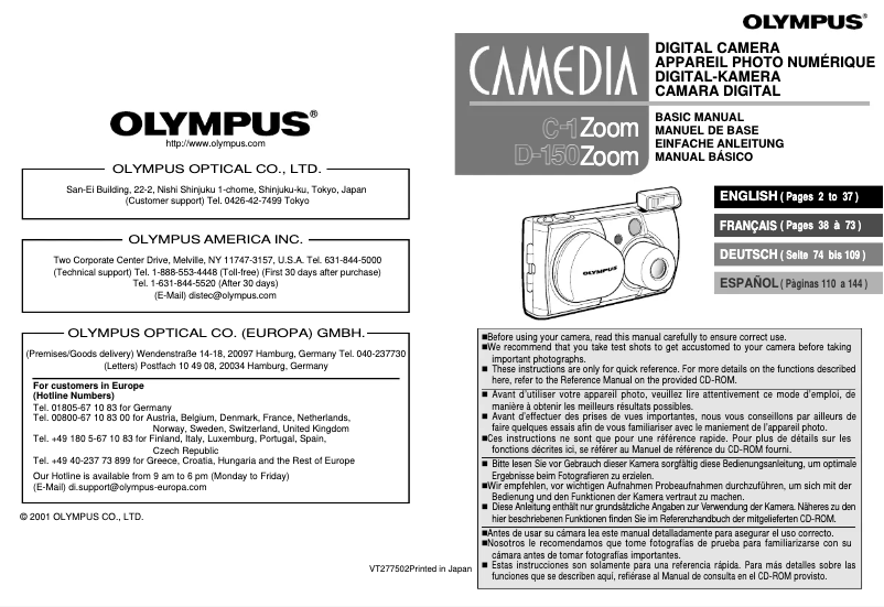 Page 1 de la notice Manuel utilisateur Olympus Camedia C-1 Zoom