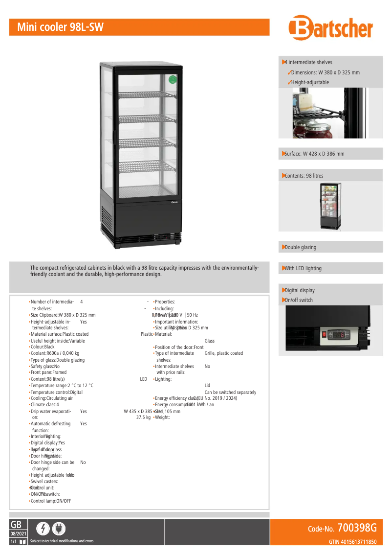 Page 1 de la notice Fiche technique Bartscher 700398G