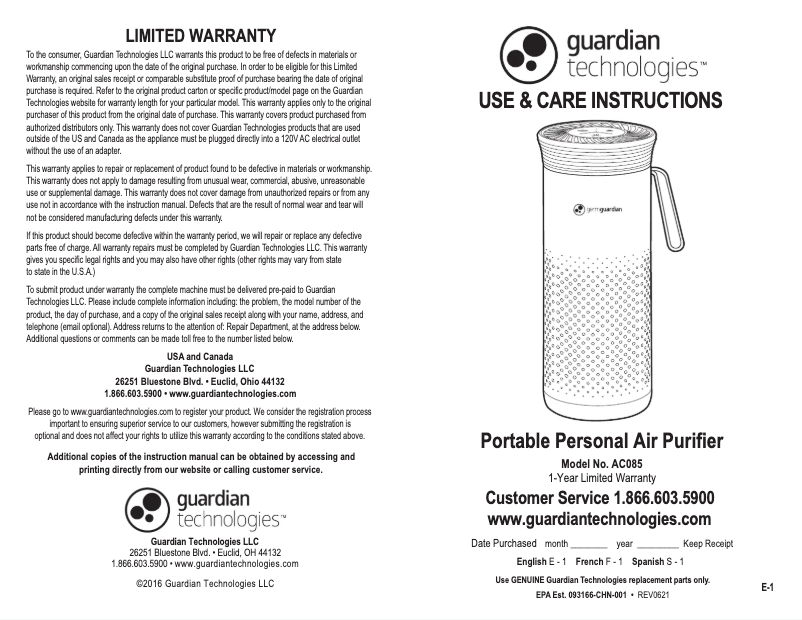 Page n°1 - Manuel utilisateur Guardian AC085