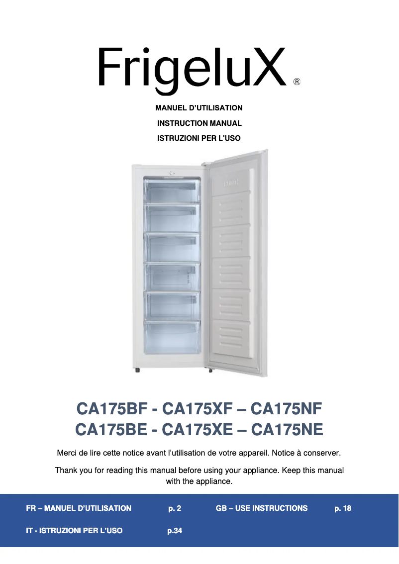 Page n°1 - Manuel utilisateur FrigeluX CA175XE