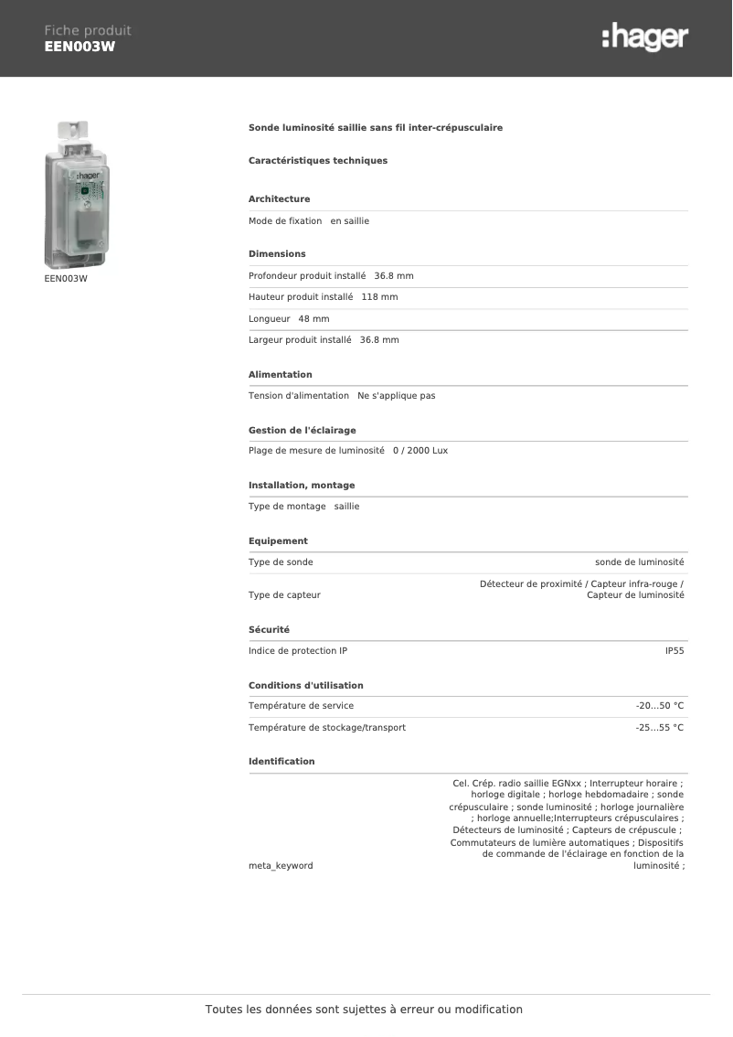 Page 1 de la notice Fiche technique Hager EEN003W