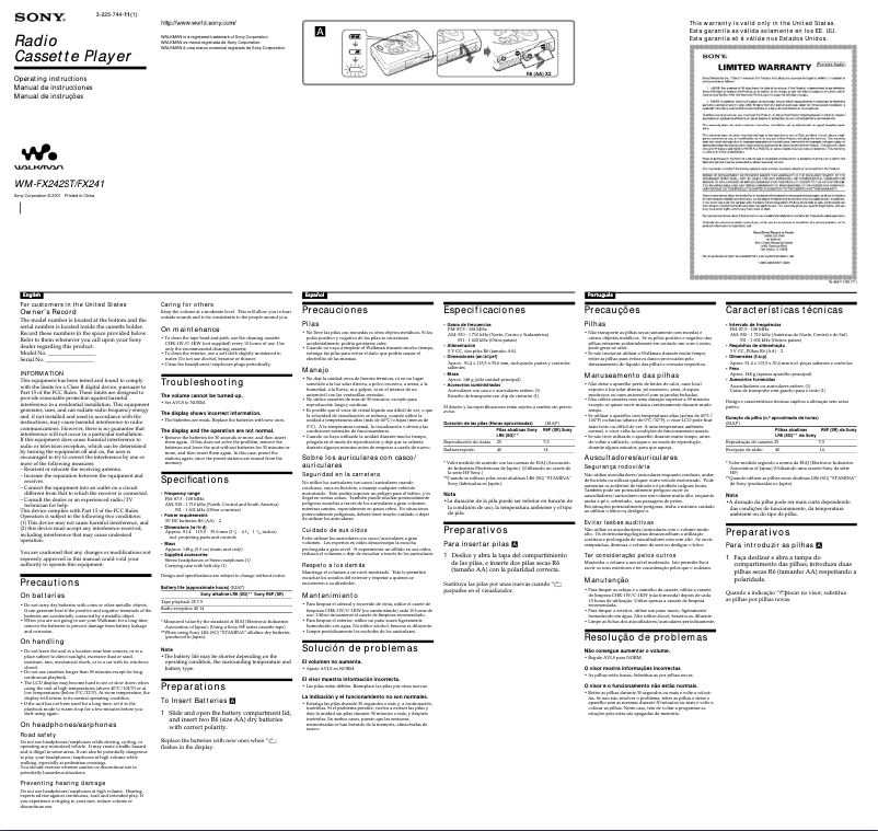 Page 1 de la notice Manuel utilisateur Sony Walkman WM-FX242ST