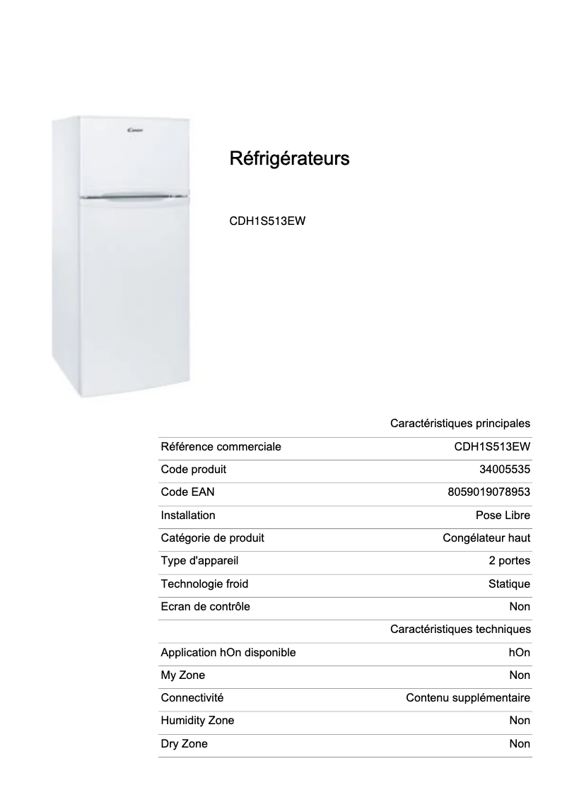 Page 1 de la notice Fiche technique Candy CDH1S513EW