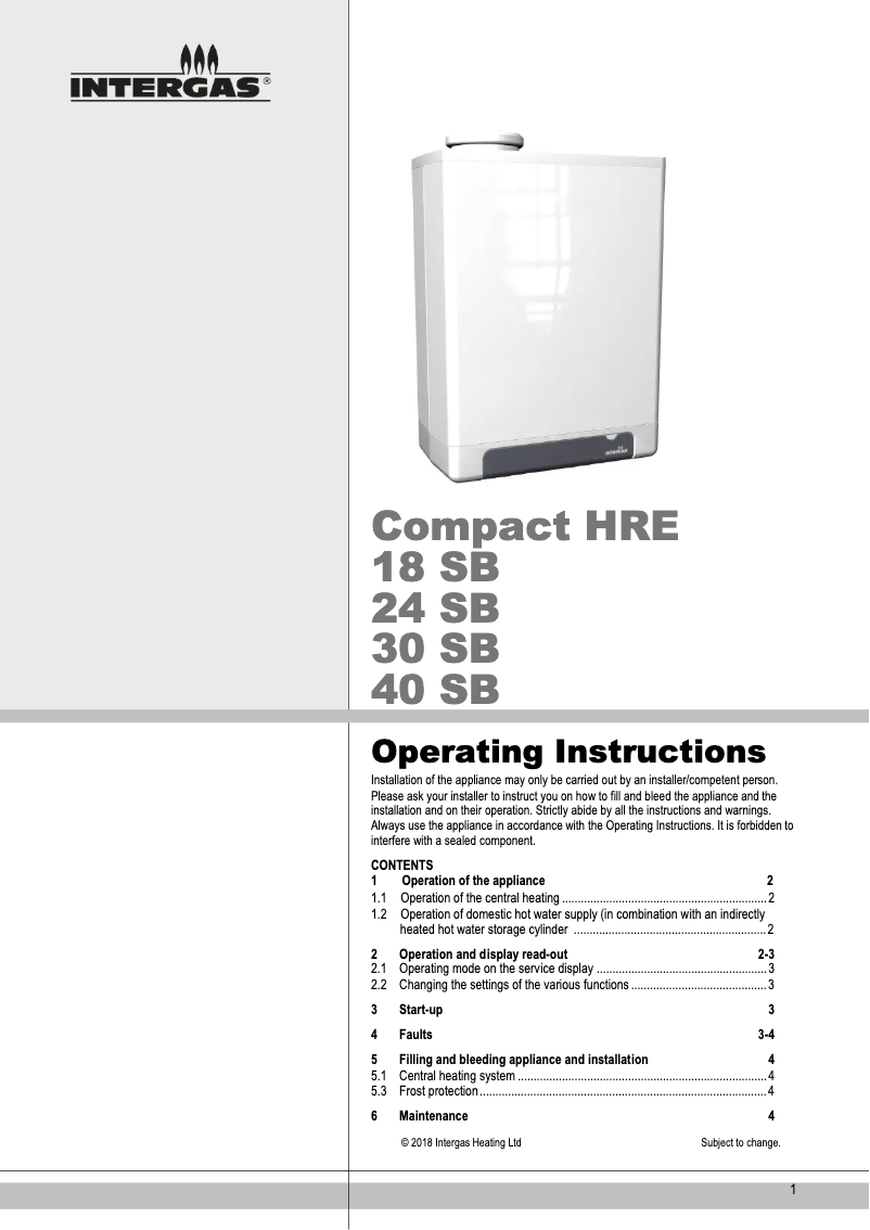 Page n°1 - Manuel utilisateur Intergas Compact HRE 30 SB
