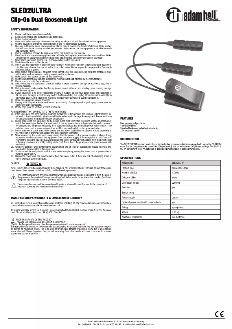 Page 1 de la notice Manuel utilisateur Adam Hall SLED2ULTRA