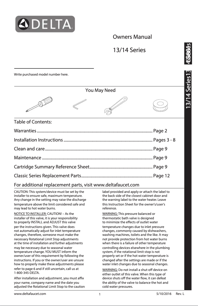 Page 1 de la notice Manuel utilisateur Delta T14438-SS