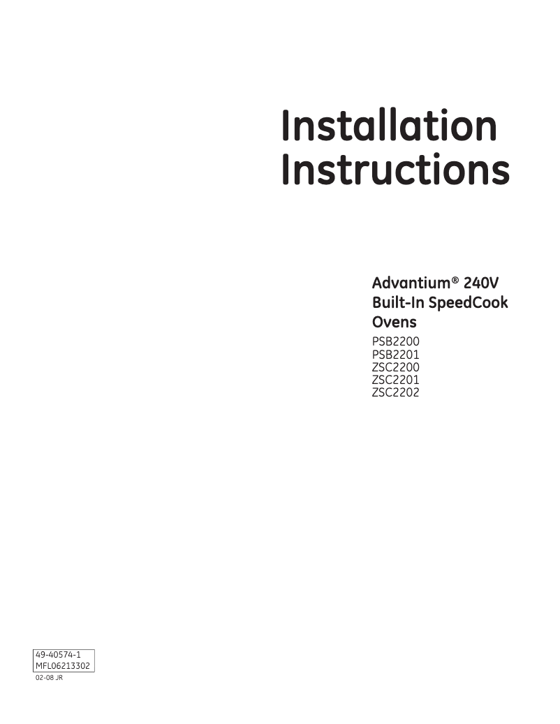 Page 1 de la notice Guide d'installation GE PSB2201NSS