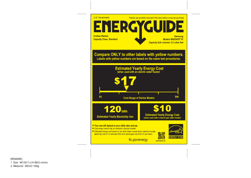 Page 1 de la notice Label énergétique Samsung WA52A5500AV