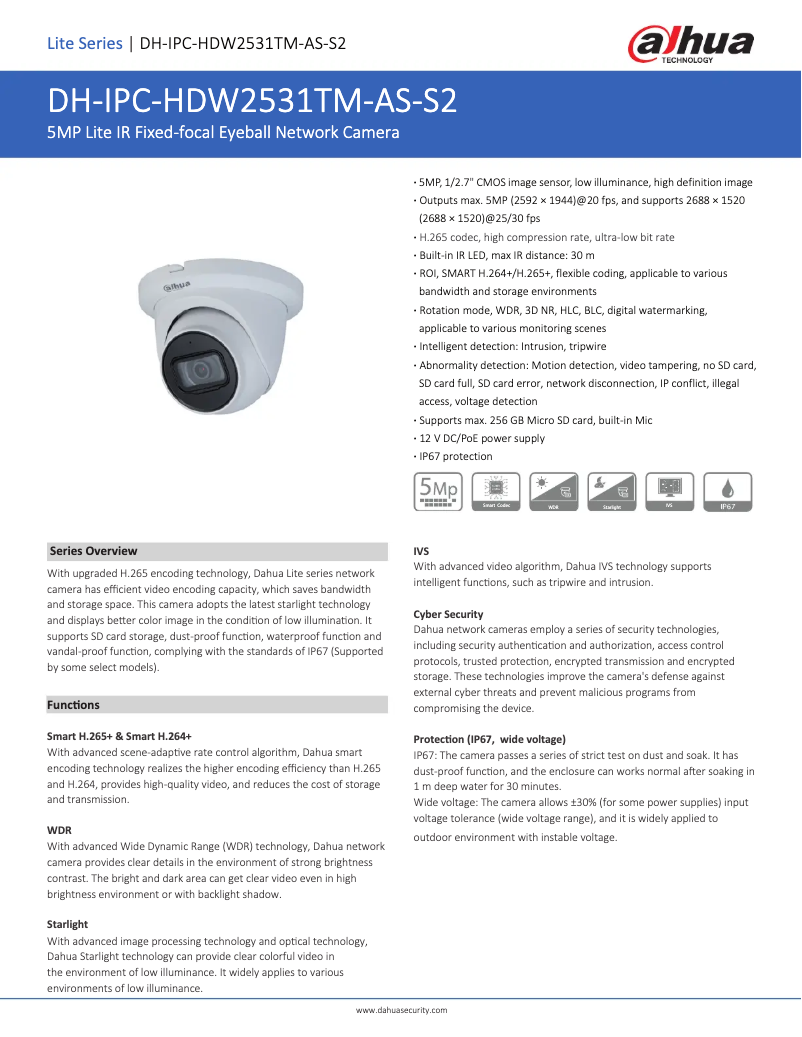 Page 1 de la notice Fiche technique Dahua Technology IPC-HDW2531TM-AS-S2