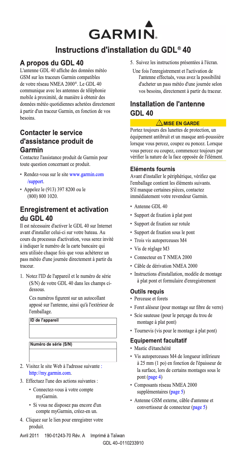 Page n°1 - Guide d'installation Garmin GDL 40