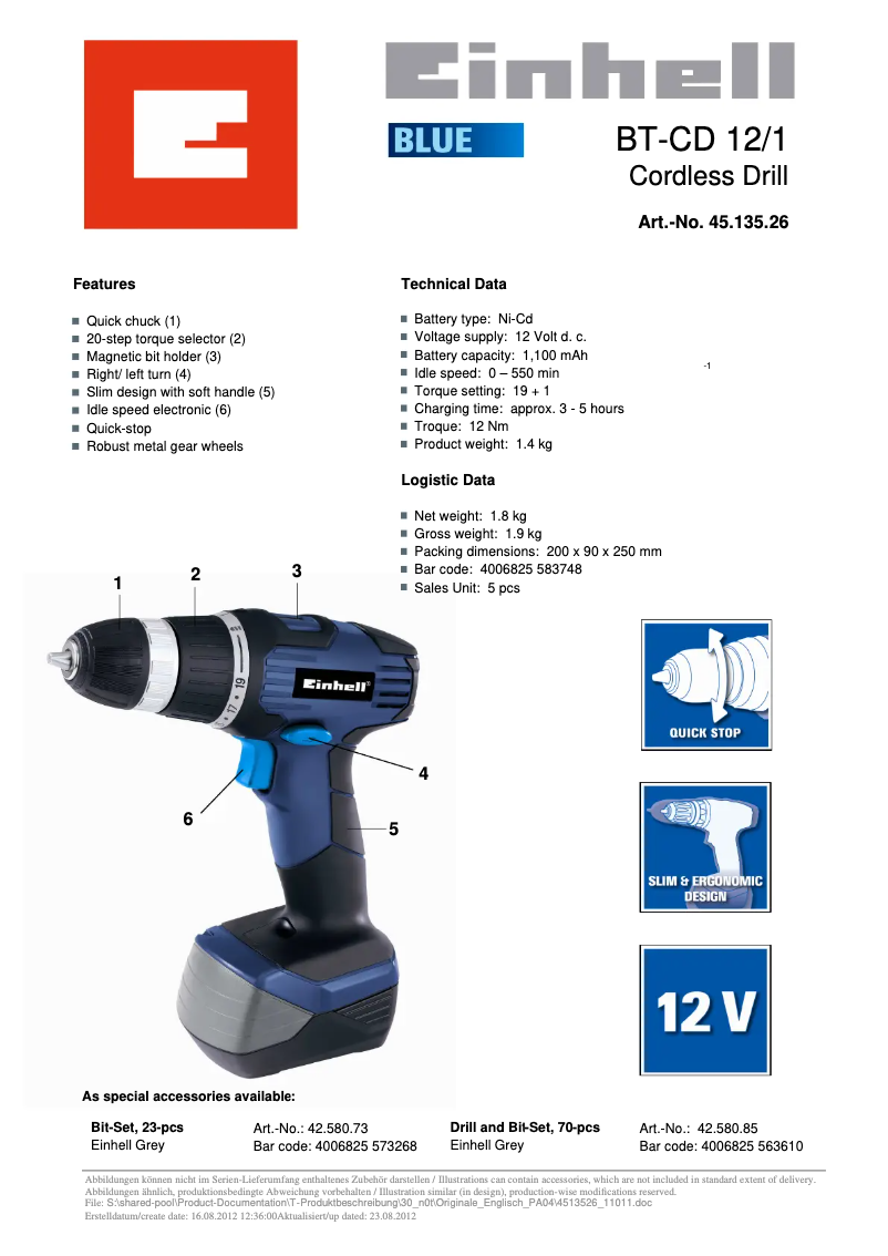 Página 1 del manual Ficha técnica Einhell BT-CD 12/1
