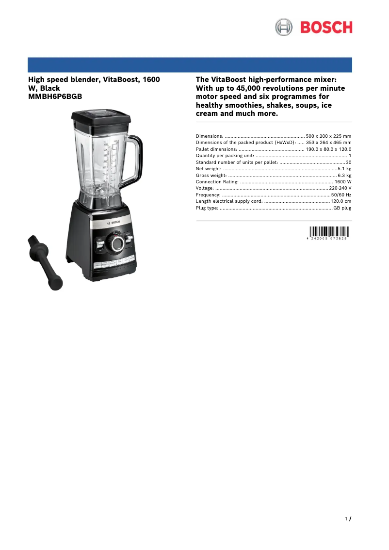 Page 1 de la notice Fiche technique Bosch VitaBoost MMBH6P6B