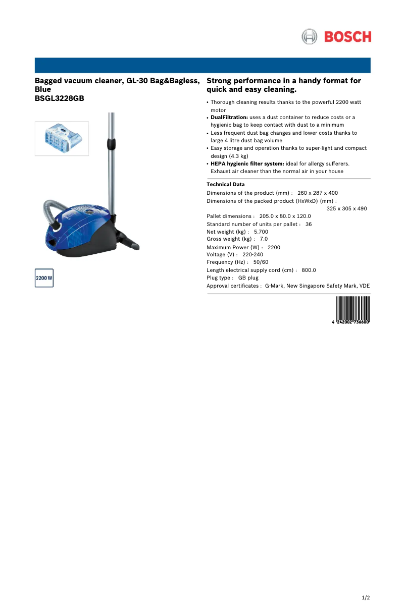 Page n°1 - Fiche technique Bosch BSGL3228GB