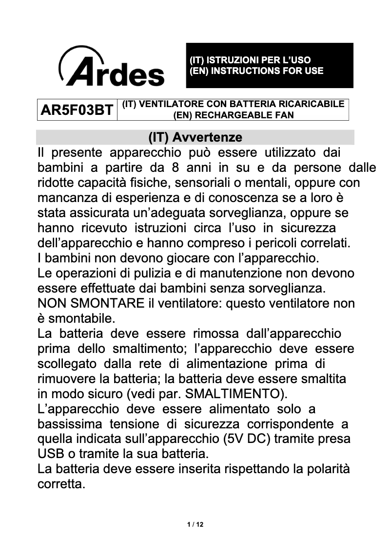 Page n°1 - Manuel utilisateur Ardes AR5F03BT