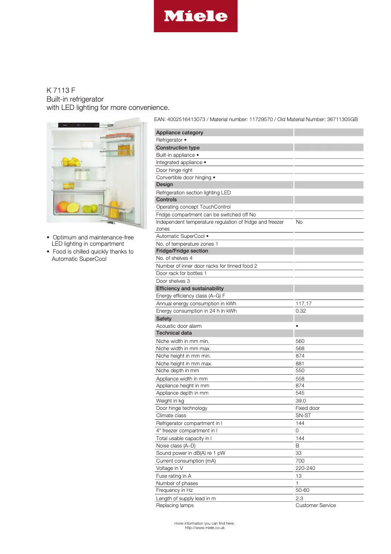 Page 1 de la notice Fiche technique Miele K 7113 F