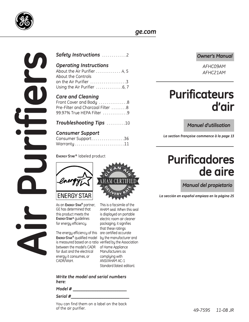 Page n°1 - Manuel d'utilisation et d'entretien GE AFHC21AM