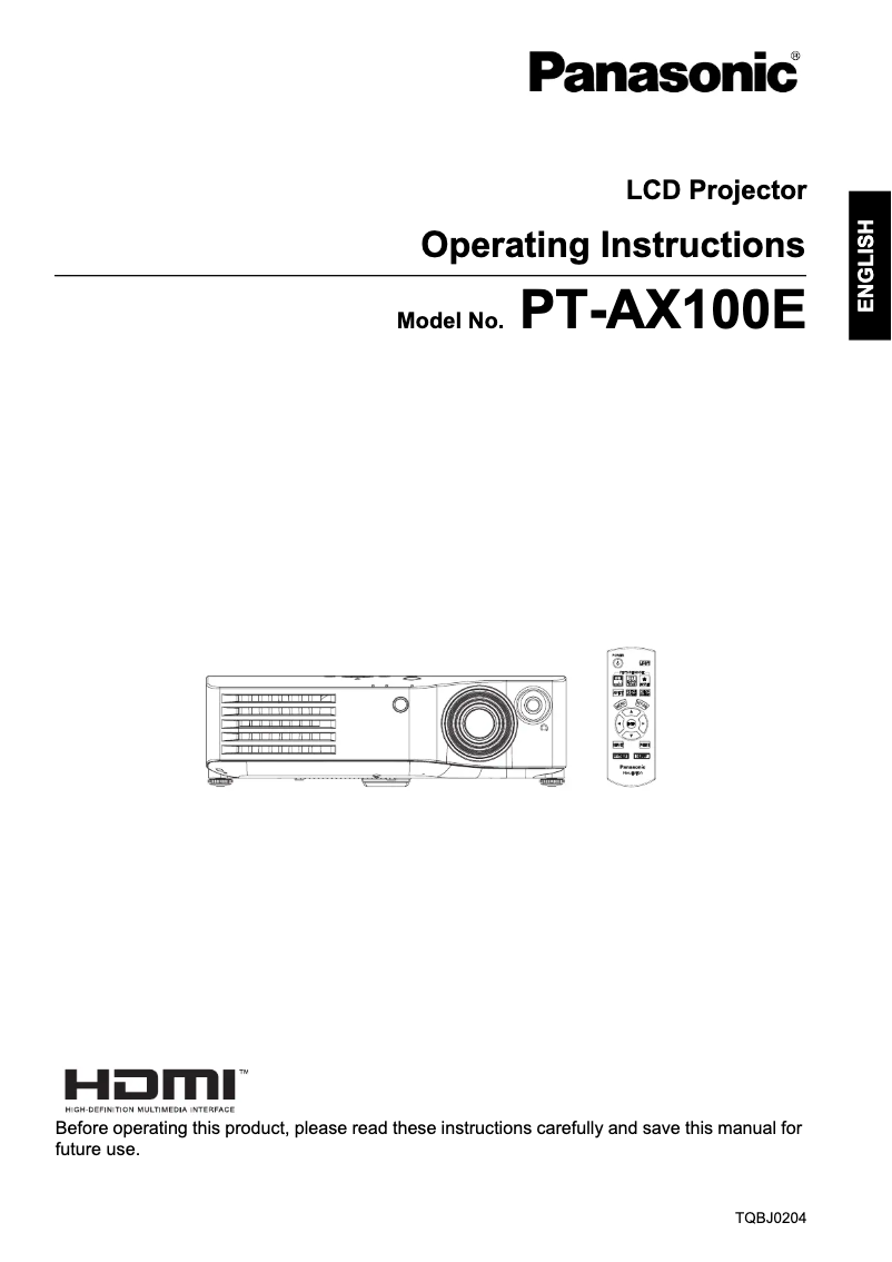 Page n°1 - Manuel utilisateur Panasonic PT-AX100E