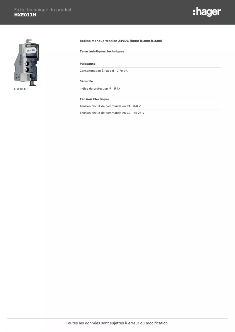 Page 1 de la notice Fiche technique Hager HXE011H