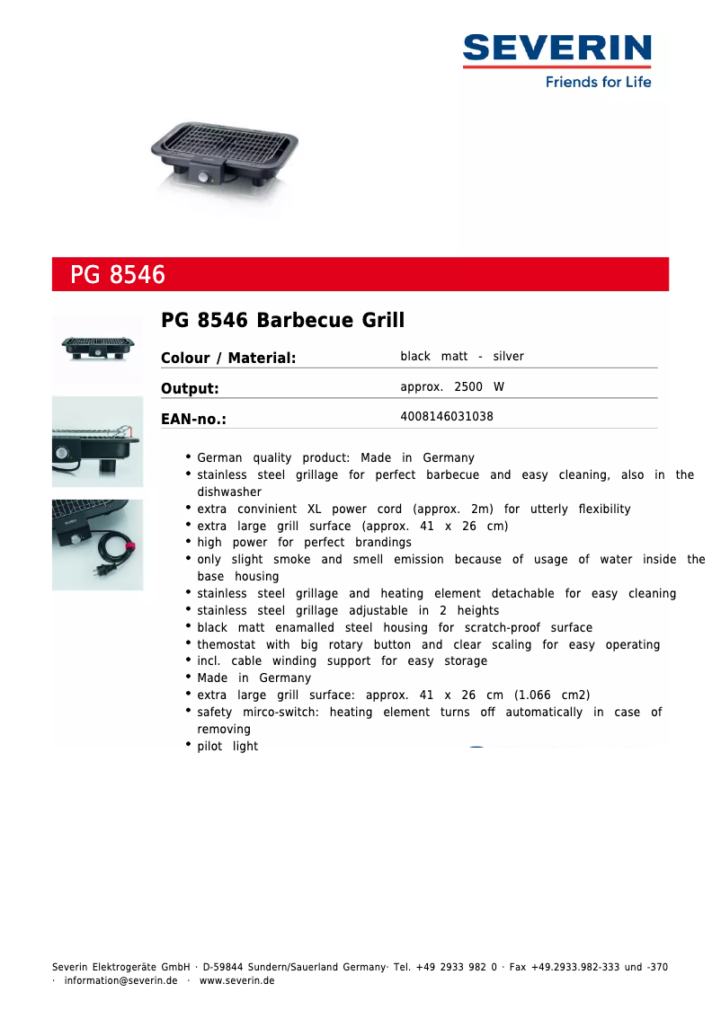 Page 1 de la notice Fiche technique Severin PG 8546