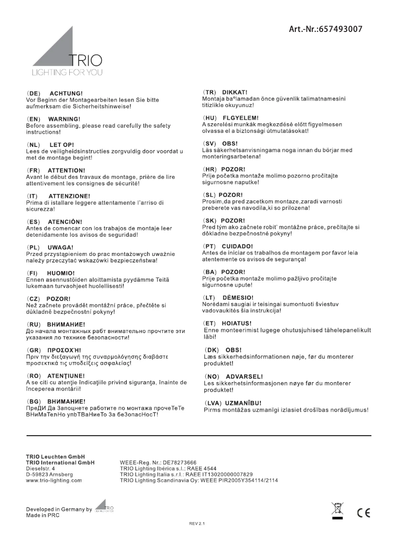 Page 1 de la notice Manuel utilisateur Trio Lighting Griffin 657493007