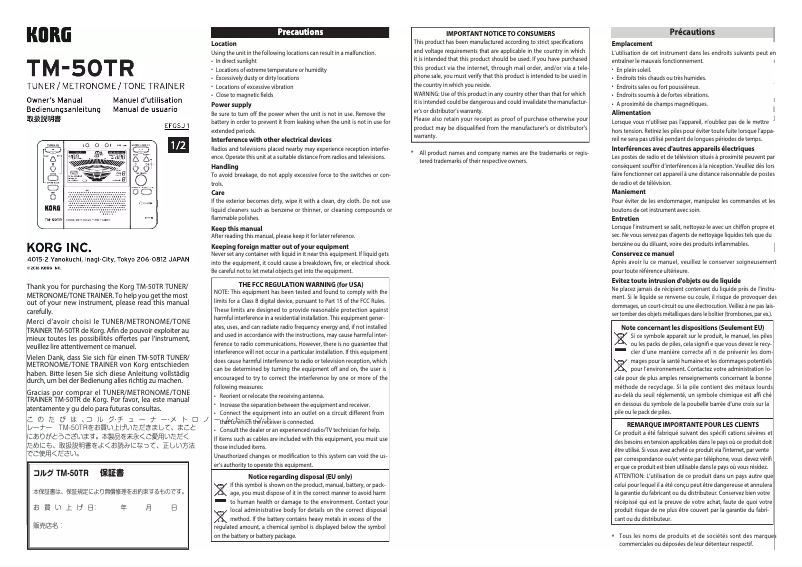 Página 1 del manual Manual de usuario Korg TM-50TR