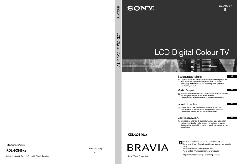 Page 1 de la notice Manuel utilisateur Sony Bravia KDL-20S4020