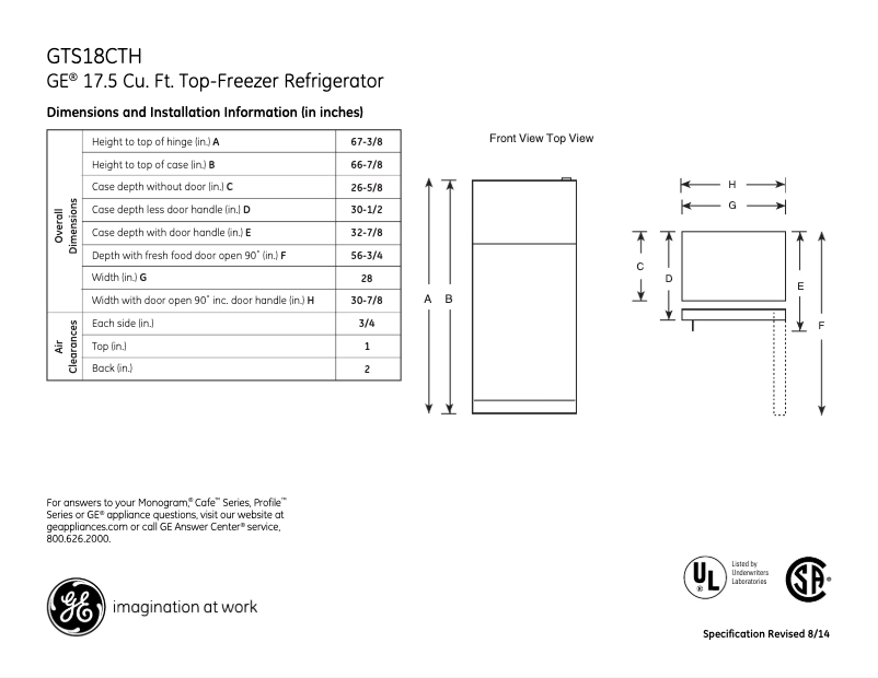 Page n°1 - Fiche technique GE GTS18CTHWW