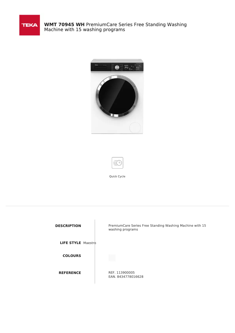 Page 1 de la notice Fiche technique Teka WMT 70945 WH