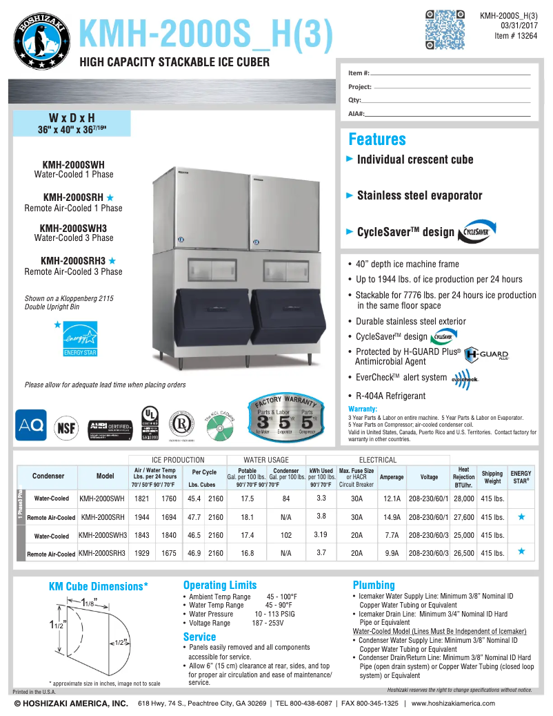 Página 1 del manual Ficha técnica Hoshizaki KMH-2000SWH