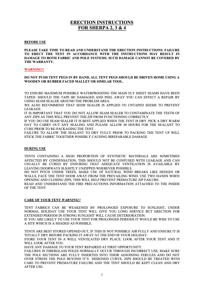 Page n°1 - Manuel utilisateur Khyam Sherpa 4